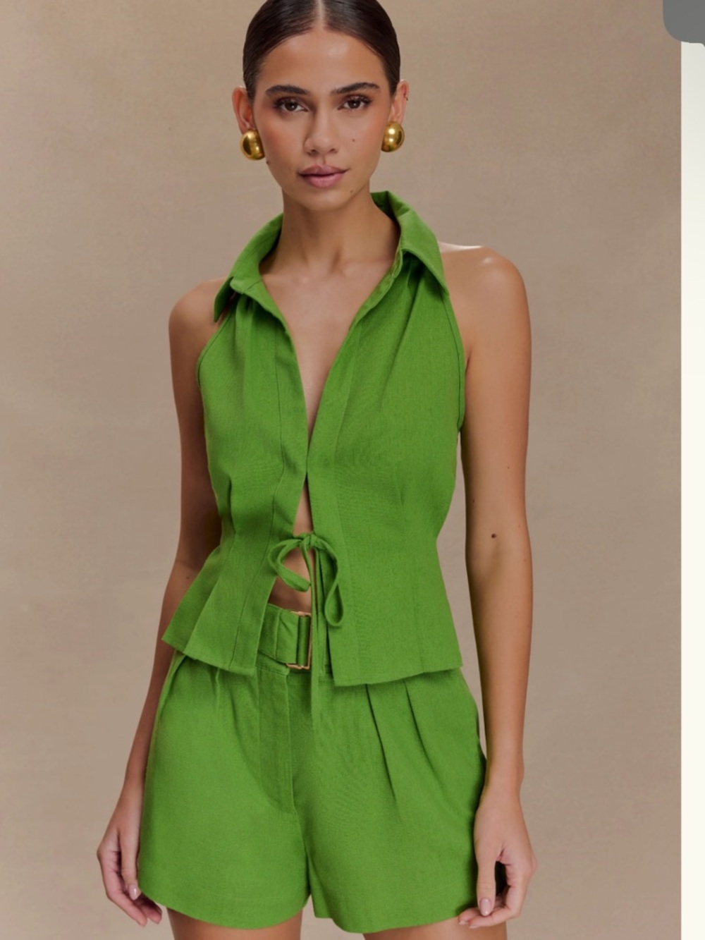 Meshki Green Collared Sleeveless Top and Shorts - Picture 3 of 8